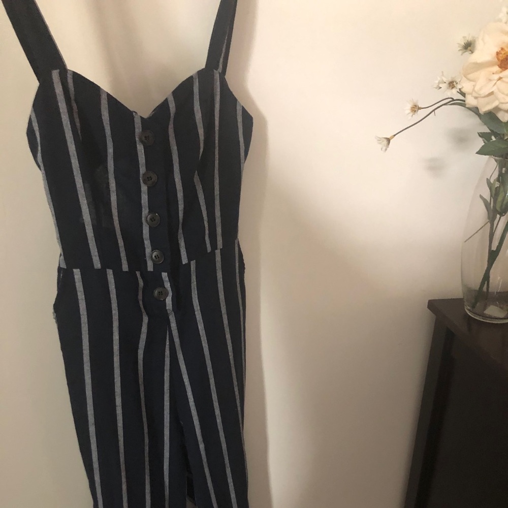 Button up open back striped jumpsuit